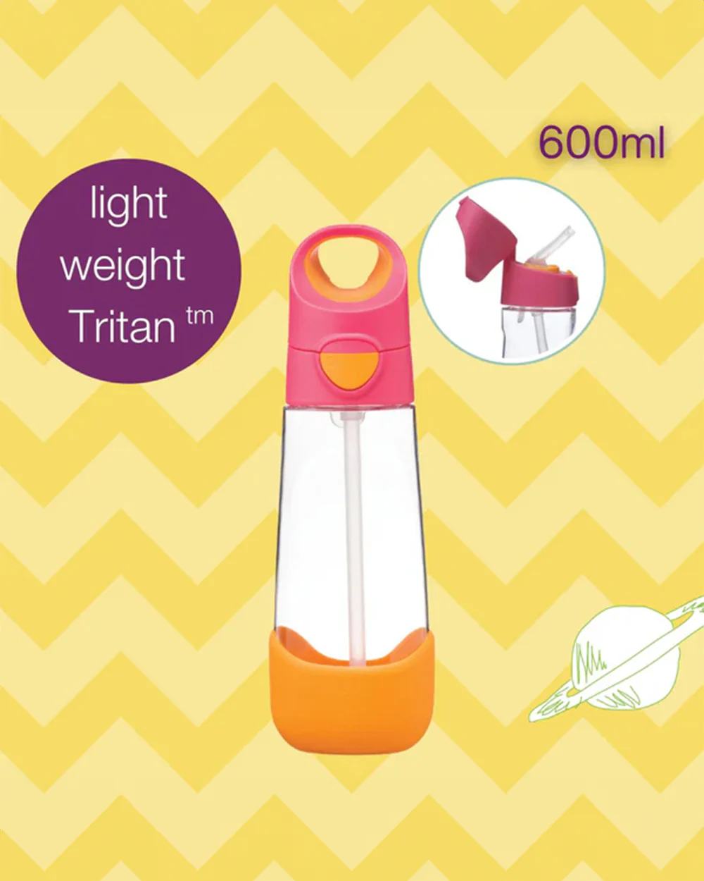b.box Tritan Straw Sipper-With Easy to Hold Handle-Spill Proof Push Button Lid & Ergonomic Triangular Shape-Strawberry Shake-600 ml - Image 2