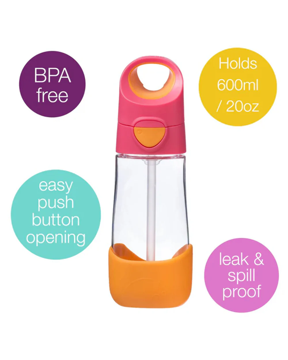 b.box Tritan Straw Sipper-With Easy to Hold Handle-Spill Proof Push Button Lid & Ergonomic Triangular Shape-Strawberry Shake-600 ml - Image 4