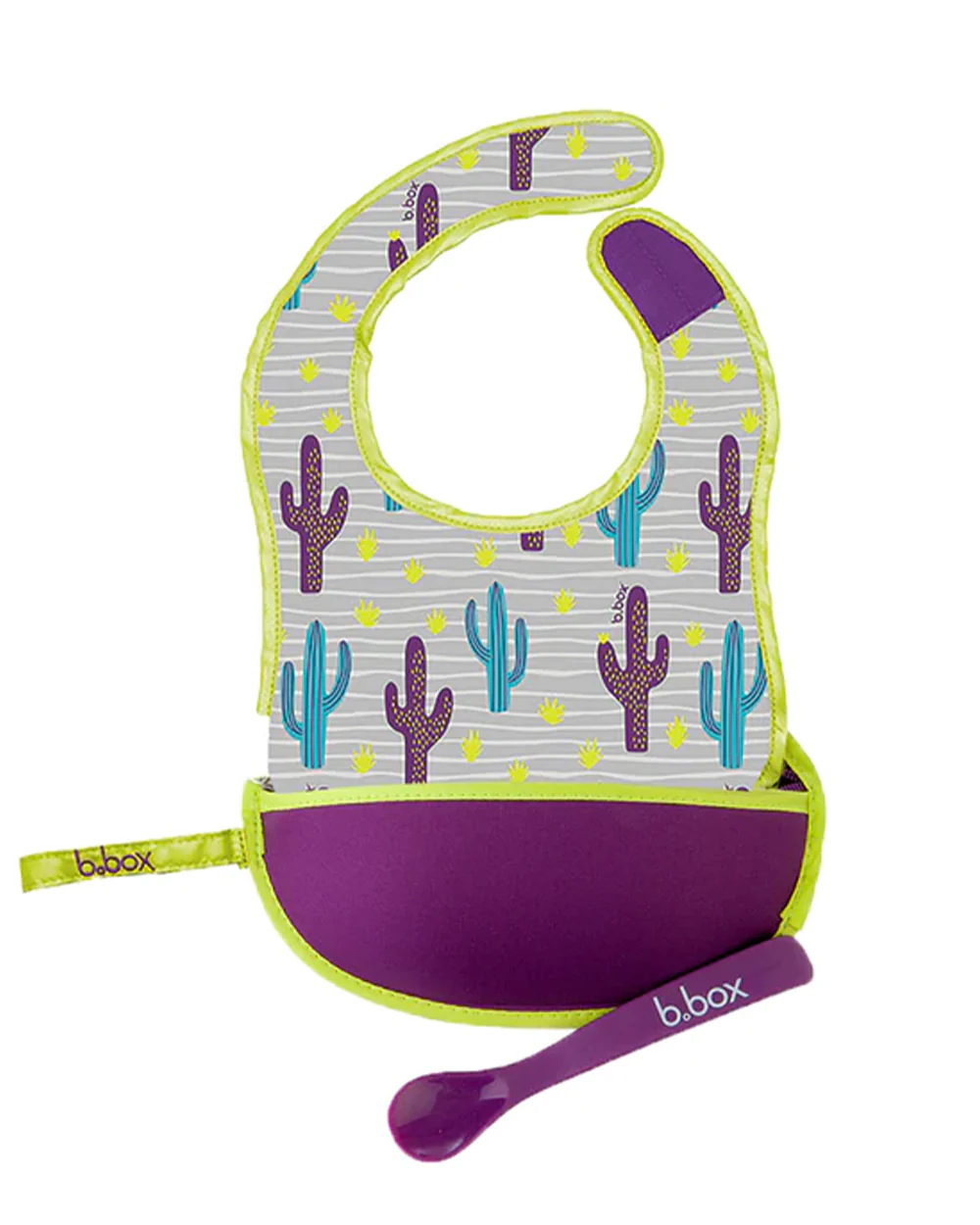 b.box Waterproof Travel Bib-Food Catcher Pocket-With Spoon-Cactus Capers Purple-For Infants