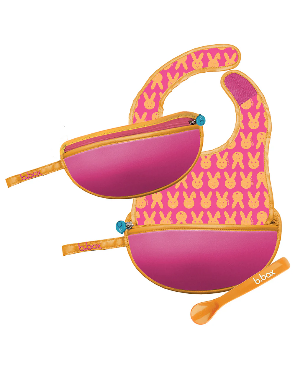 b.box Waterproof Travel Bib-Food Catcher Pocket-With Spoon-Hip Hop Pink Orange-For Infants - Image 2