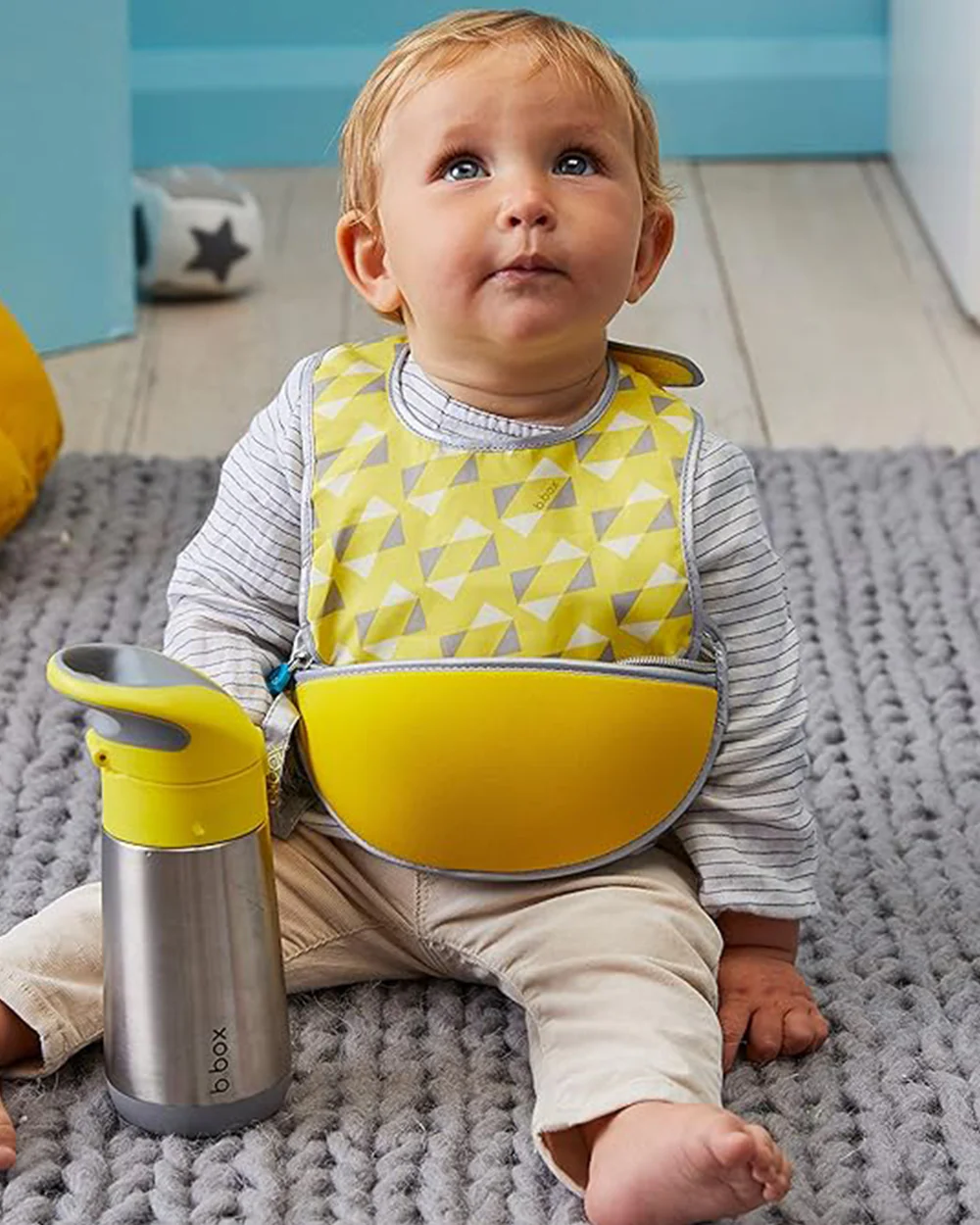 b.box Waterproof Travel Bib-Food Catcher Pocket-With Spoon-Pine Spice Yellow Grey-For Infants - Image 8