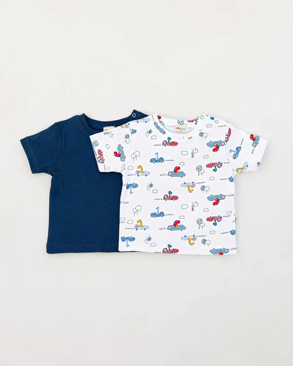 BeeLittle Blue & White T-shirt-Dino in Car-Organic Cotton-Pack of 2-For Infants