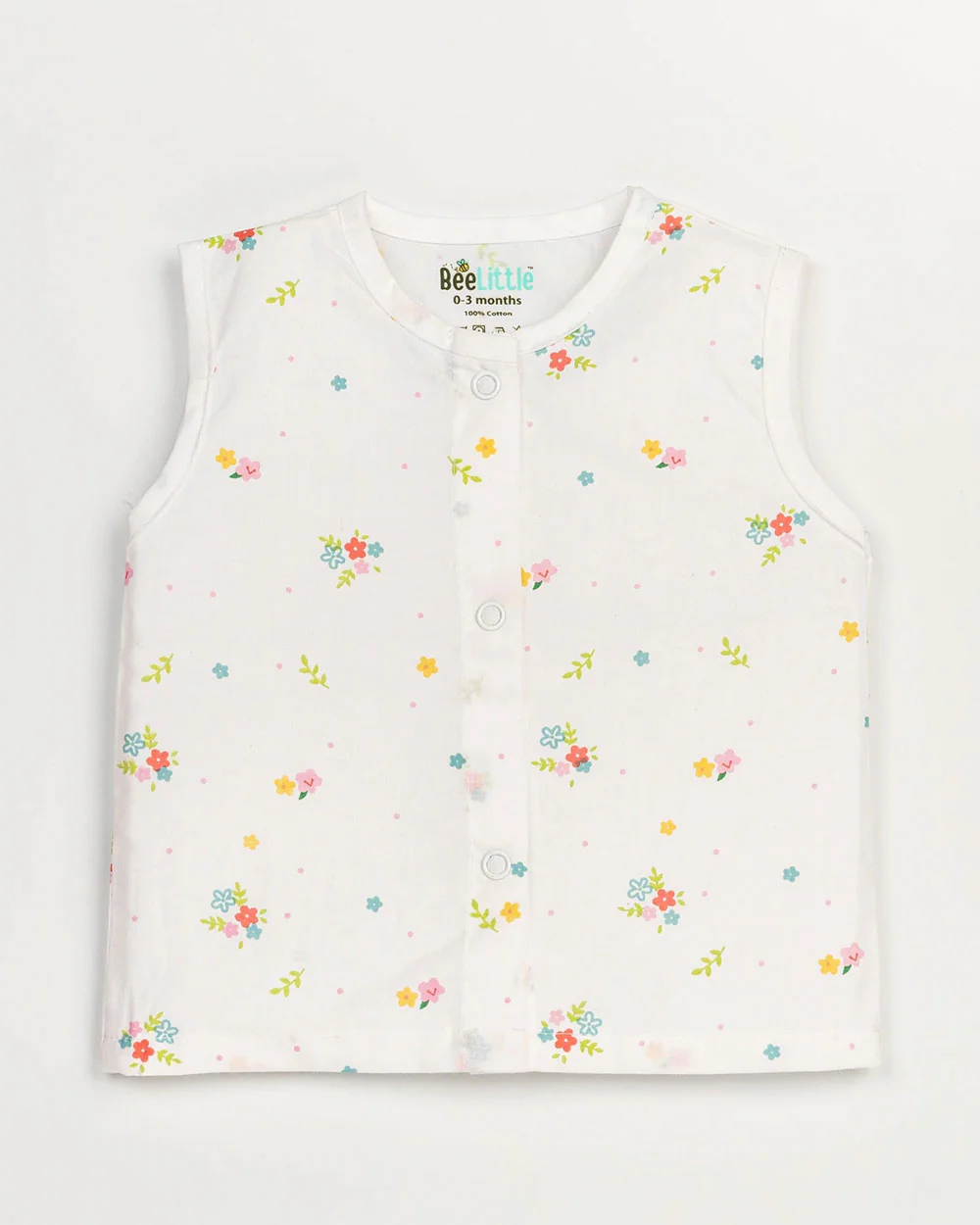 Beelittle White & Olive Jhabla-Tiny Flowers-Organic Cotton-For Infants - Image 2
