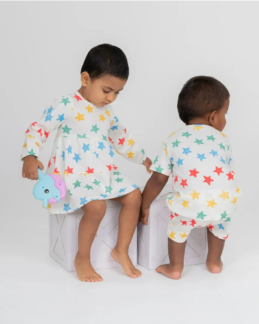 BeeLittle White Frock Dress-Stars in Hue-Organic Cotton-For Infants