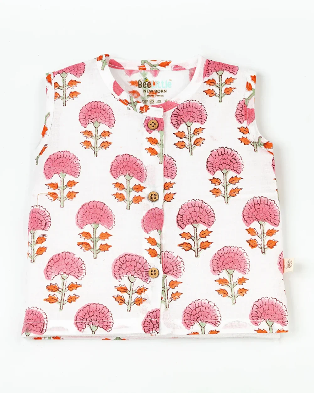 BeeLittle White & Pink Jhabla-Pink Garden-Organic Cotton-For Infants