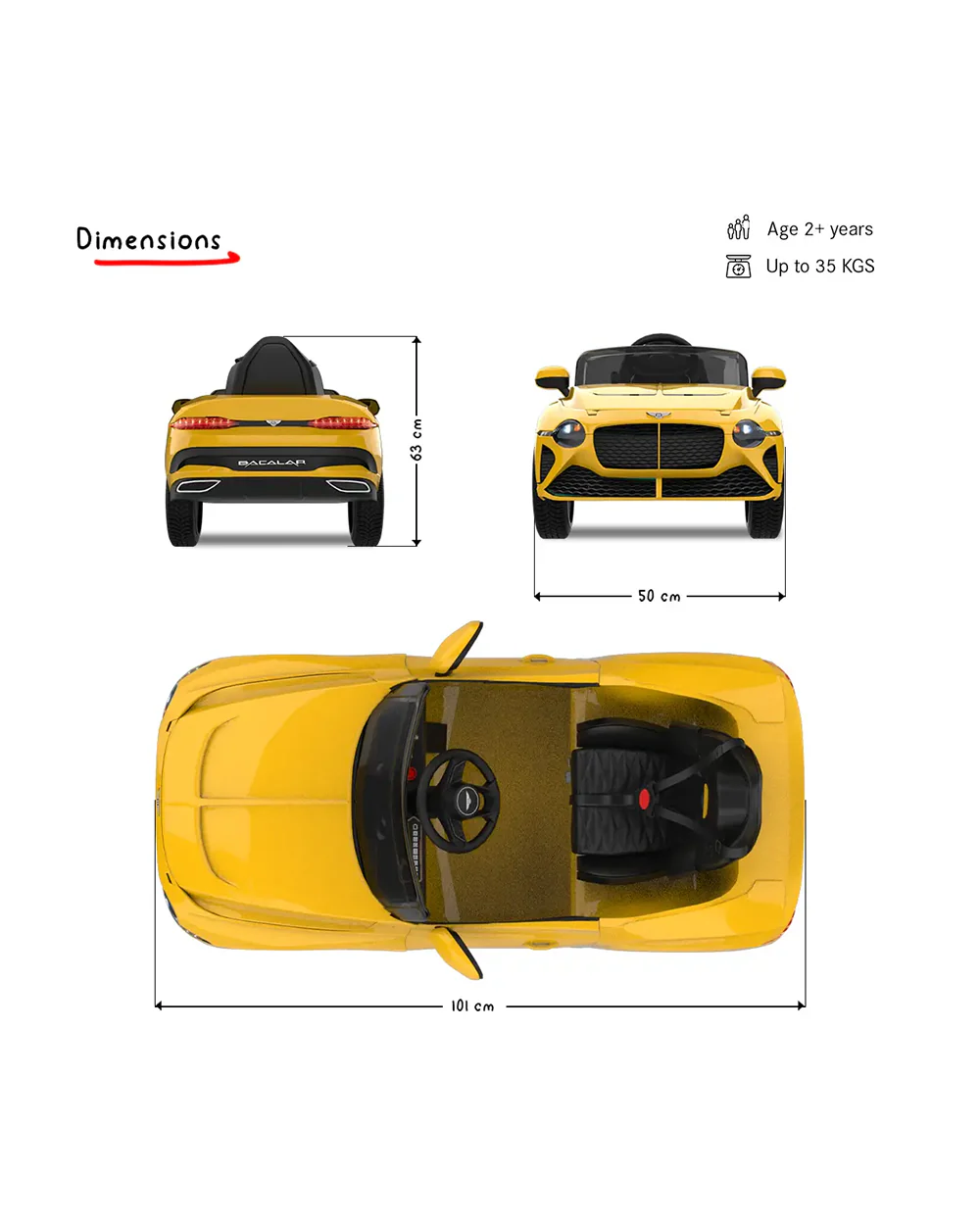 Bentley Bacalar Ride On Car-Battery Operated-3 Point Safety Belt-With Manual or Remote Option to Steer-Foot Accelerator-Tough Tires with Rear Suspension-Emotorad-For 3Y+ (Upto 30 Kg)-Yellow - Image 11