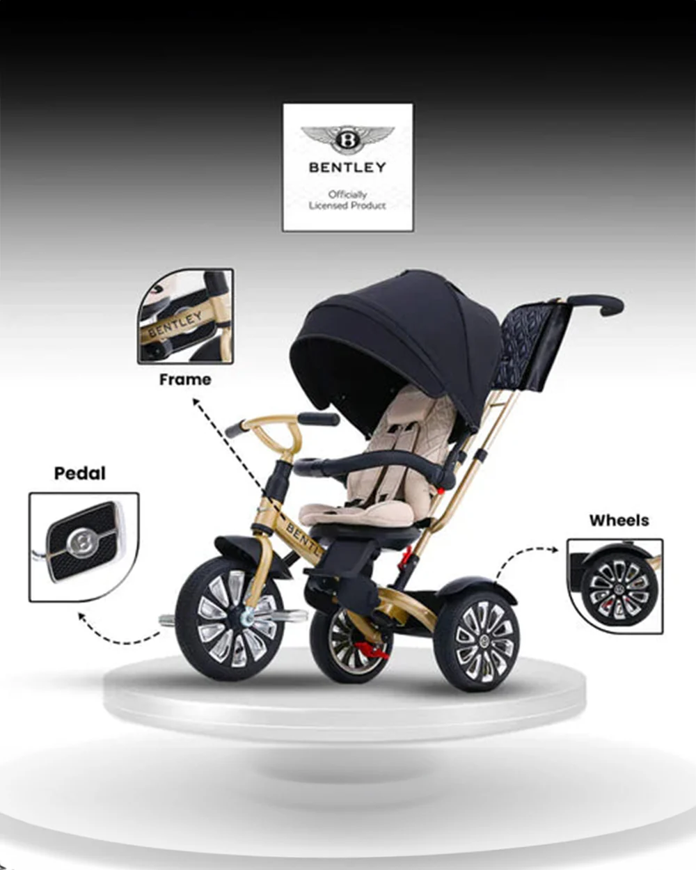 Bentley Mulliner 6 in 1 Trike Stroller-Continental GT Mulliner Style Replica Wheels-Cross Stiched & Cushioned Seats-With Bentley Badge & Anti Slip Pedals-For 6M to 5Y (Upto 25 Kg)-Gold - Image 17