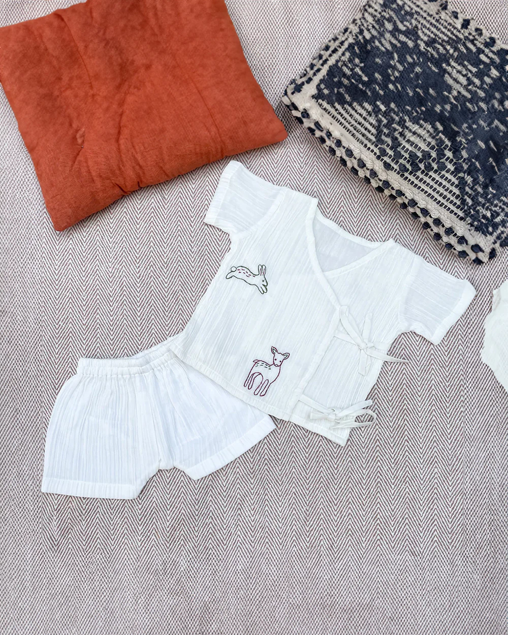 Bhaakur White Forest Top & Shorts Set-Crinkled Muslin-Short Sleeves-For Infants