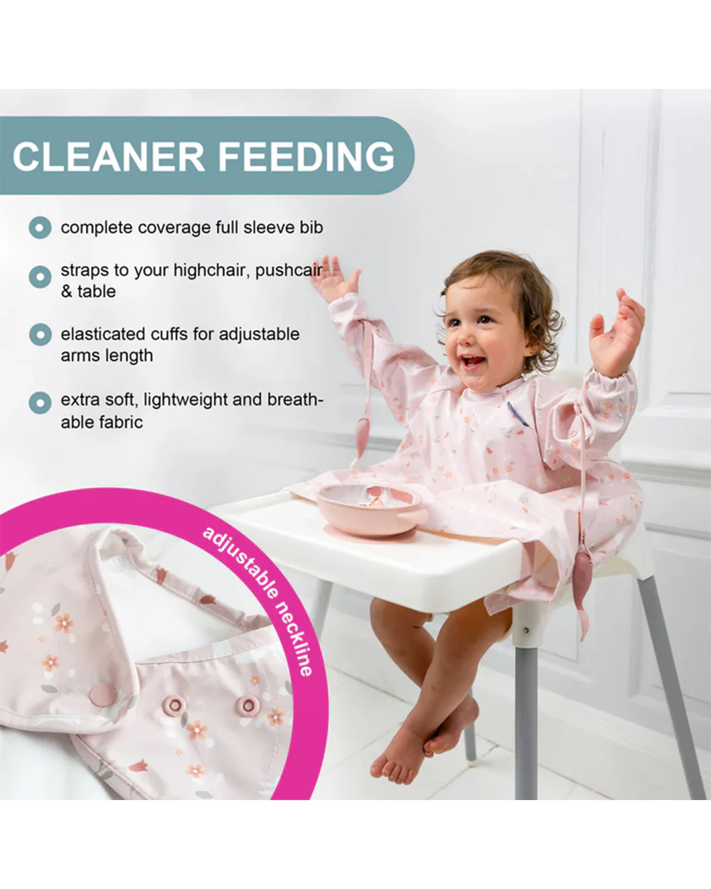 Bibado Long Sleeve Coverall Shirt Weaning Bib-Stain & Water Proof-Botanical Bunnies Print-Pink-For Infants - Image 6