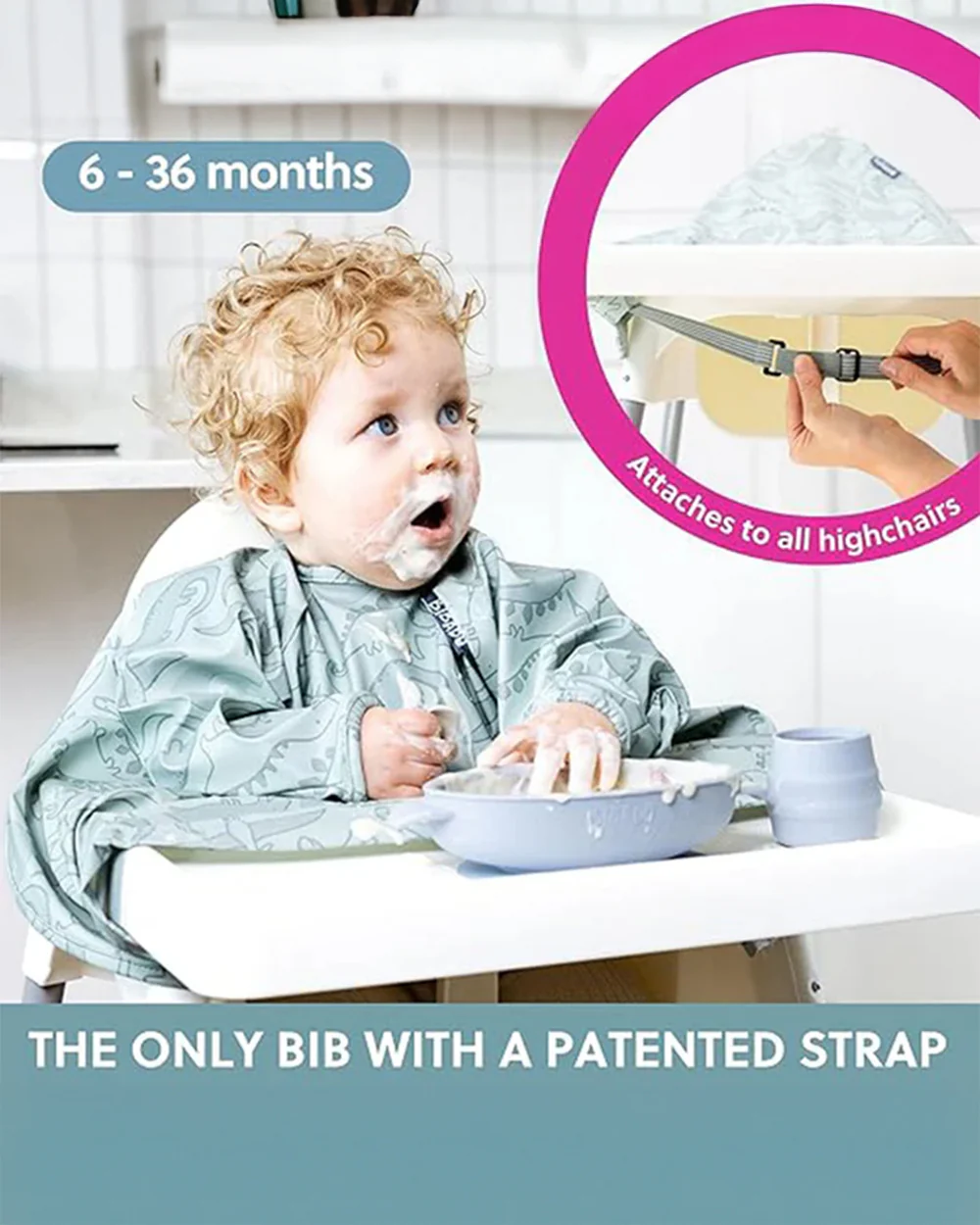 Bibado Long Sleeve Coverall Shirt Weaning Bib-Stain & Water Proof-Dino Roar Print-Grey-For Infants - Image 3
