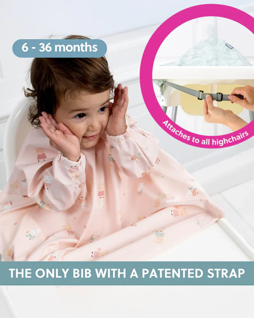 Bibado Long Sleeve Coverall Shirt Weaning Bib-Stain & Water Proof-Peppa Pig Print-Pink-For Infants - Image 3