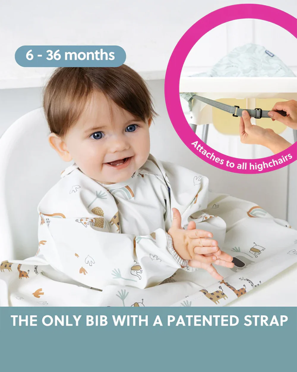 Bibado Long Sleeve Coverall Shirt Weaning Bib-Stain & Water Proof-Serengeti Spaghetti Print-White-For Infants - Image 3