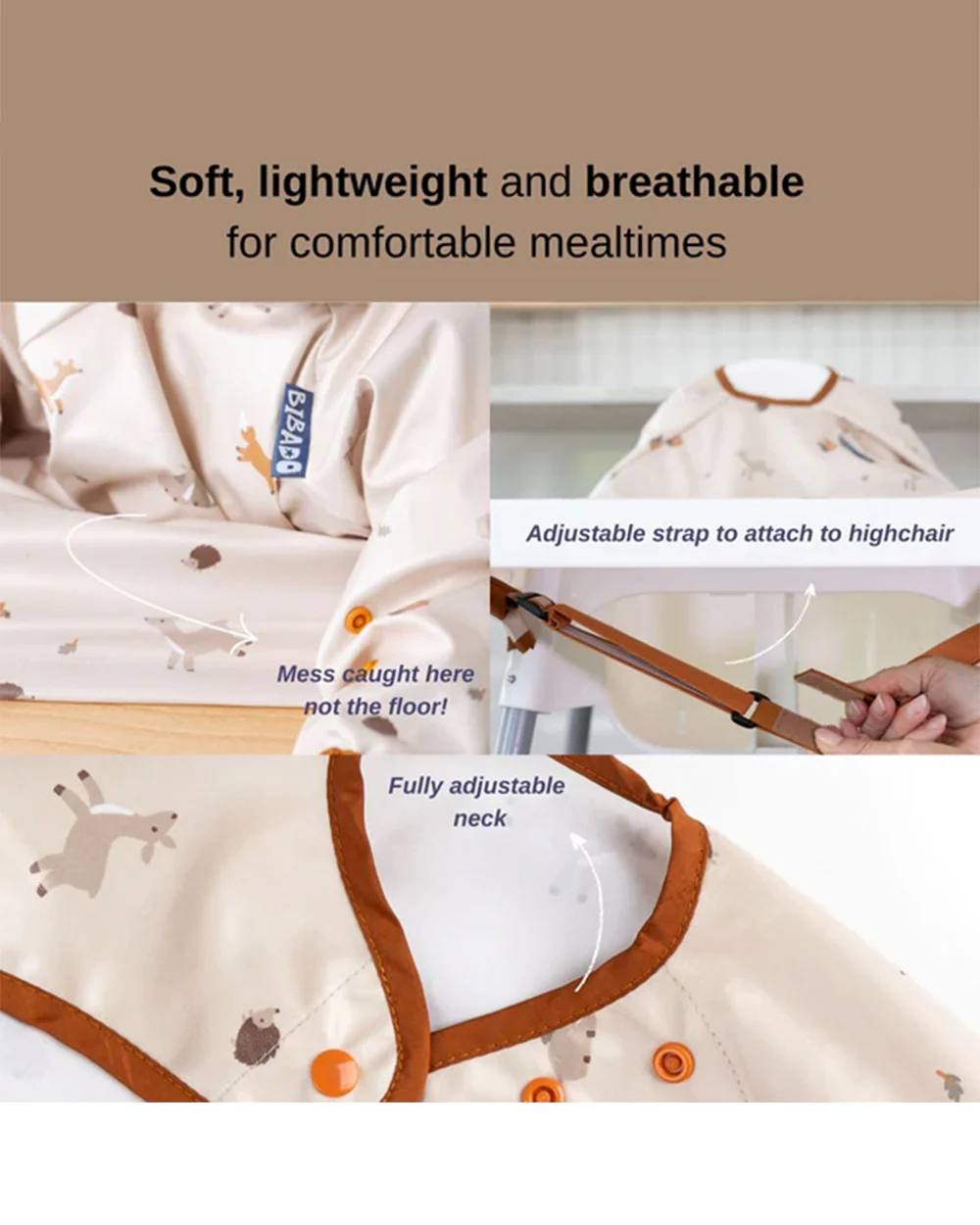 Bibado Long Sleeve Coverall Weaning Bib-Forest Friends-Adjustable Straps-For Infants - Image 4