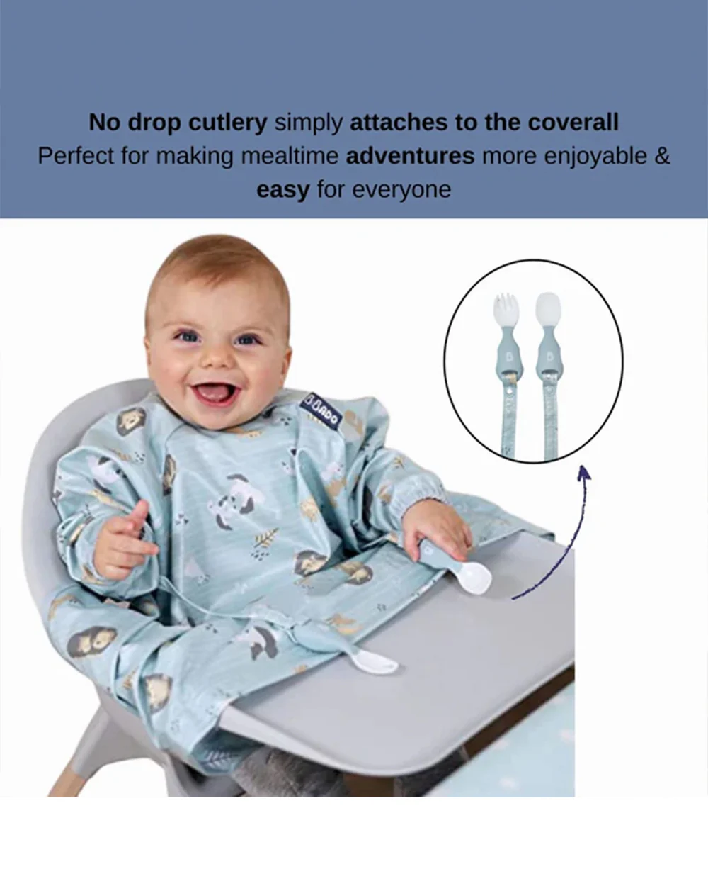Bibado Long Sleeve Coverall Weaning Bib & Attachable Handi Cutlery Bundle-Arctic Adventure White-For Infants - Image 9