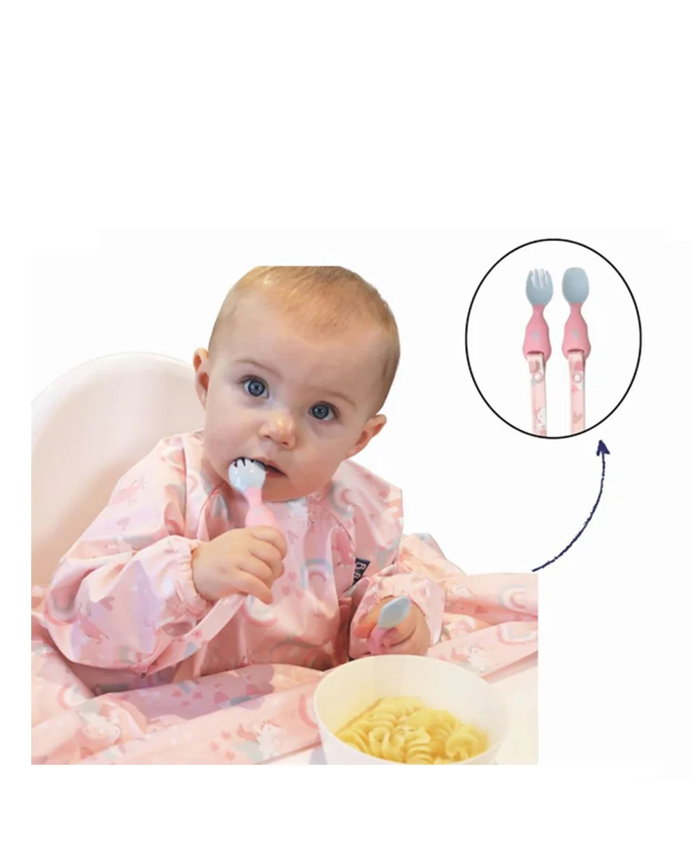 Bibado Long Sleeve Coverall Weaning Bib & Attachable Handi Cutlery Bundle-Over the Rainbow Light Pink-For Infants