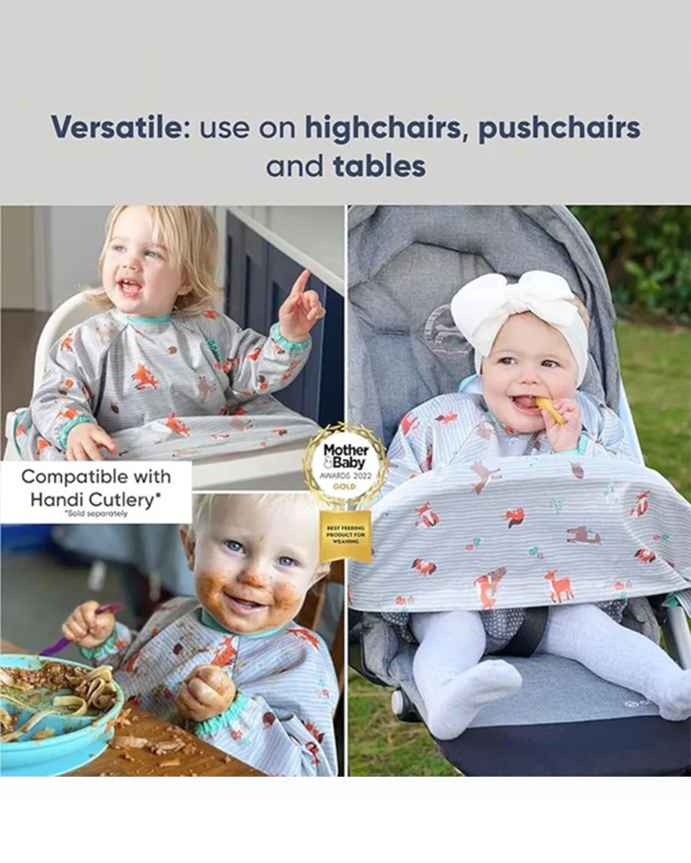 Bibado Long Sleeve Coverall Weaning Bib & Attachable Handi Cutlery Bundle-Woodland Friends Grey-For Infants - Image 9