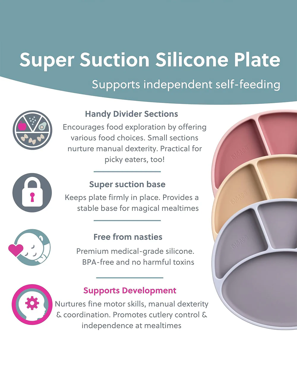 Bibado Silicone Divider Plate-Blush-With Suction Foot-Medical Grade-For Feeding Infants - Image 3