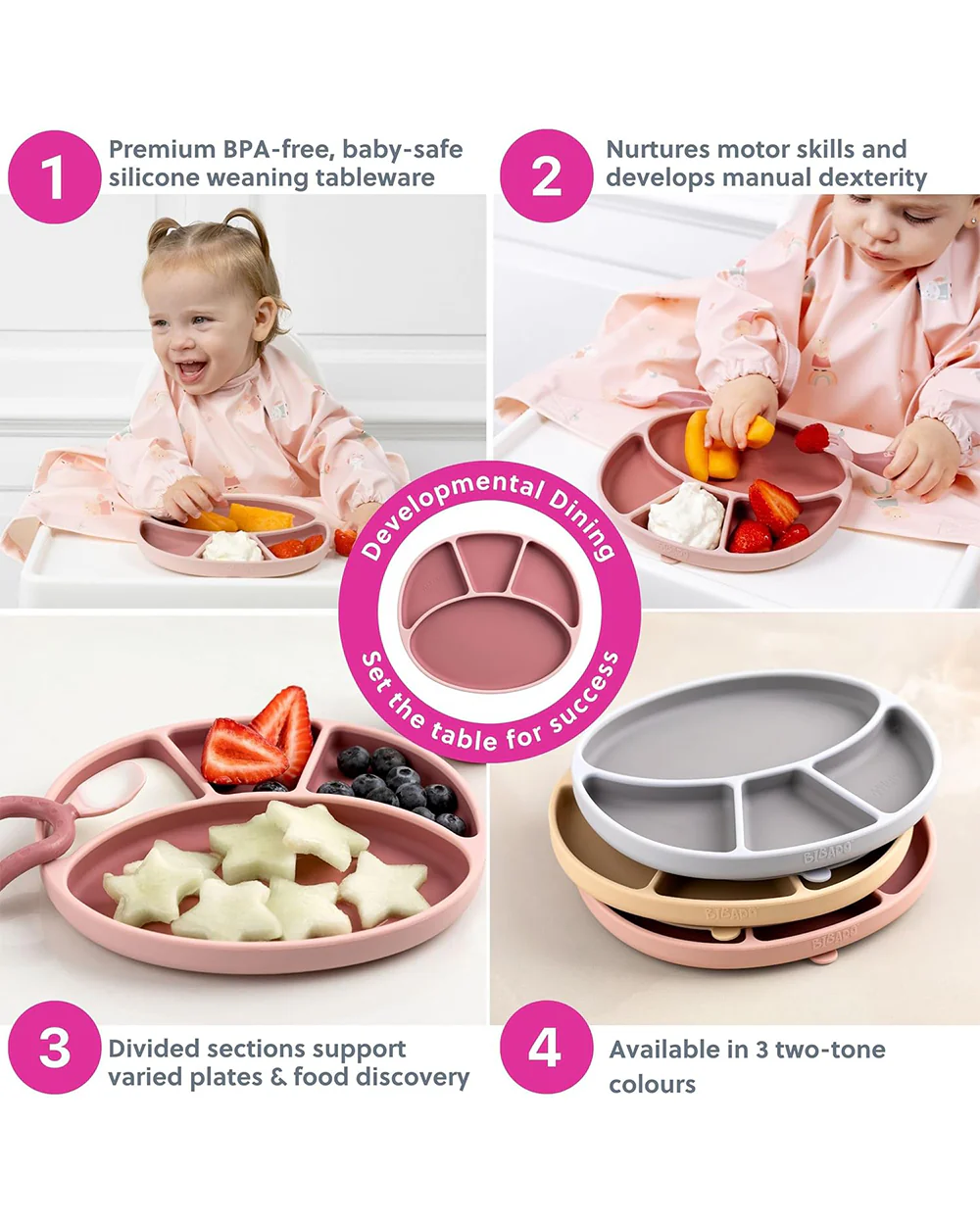 Bibado Silicone Divider Plate-Blush-With Suction Foot-Medical Grade-For Feeding Infants - Image 5