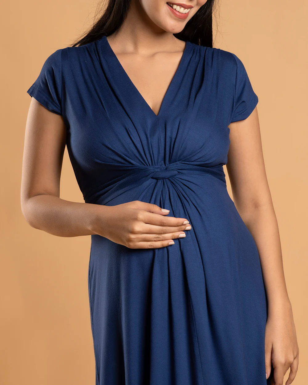Block Hop Blue Maternity Knot Dress-Solid Color-Organic Bamboo Cotton-V Neck-Half Sleeves-Bump Friendly - Image 2