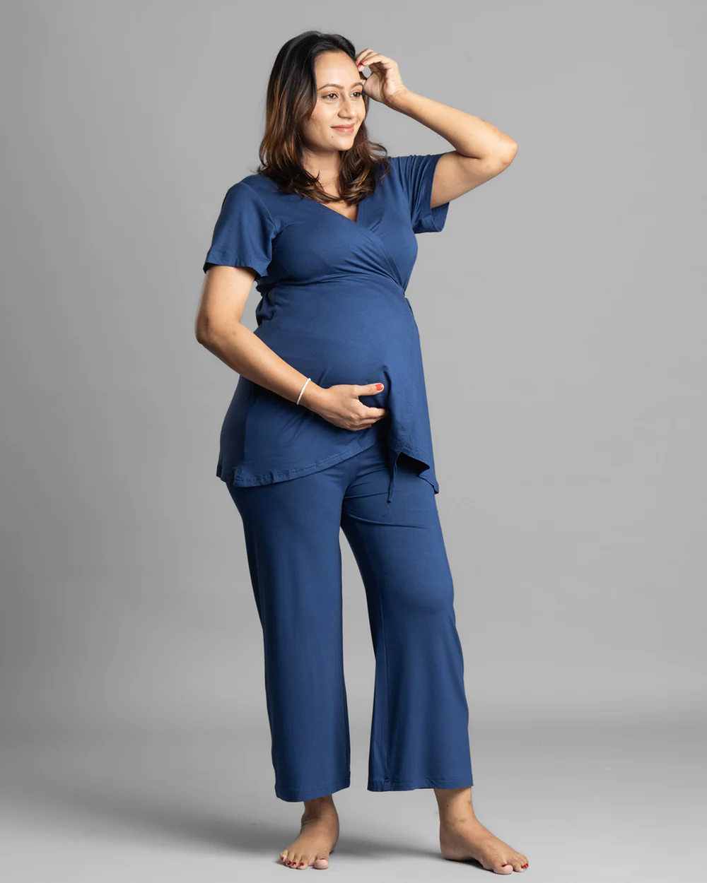 Block Hop Blue Maternity Nursing Wrap Coord Set-Solid Color-Organic Bamboo Cotton-Half Sleeves-Bump Friendly