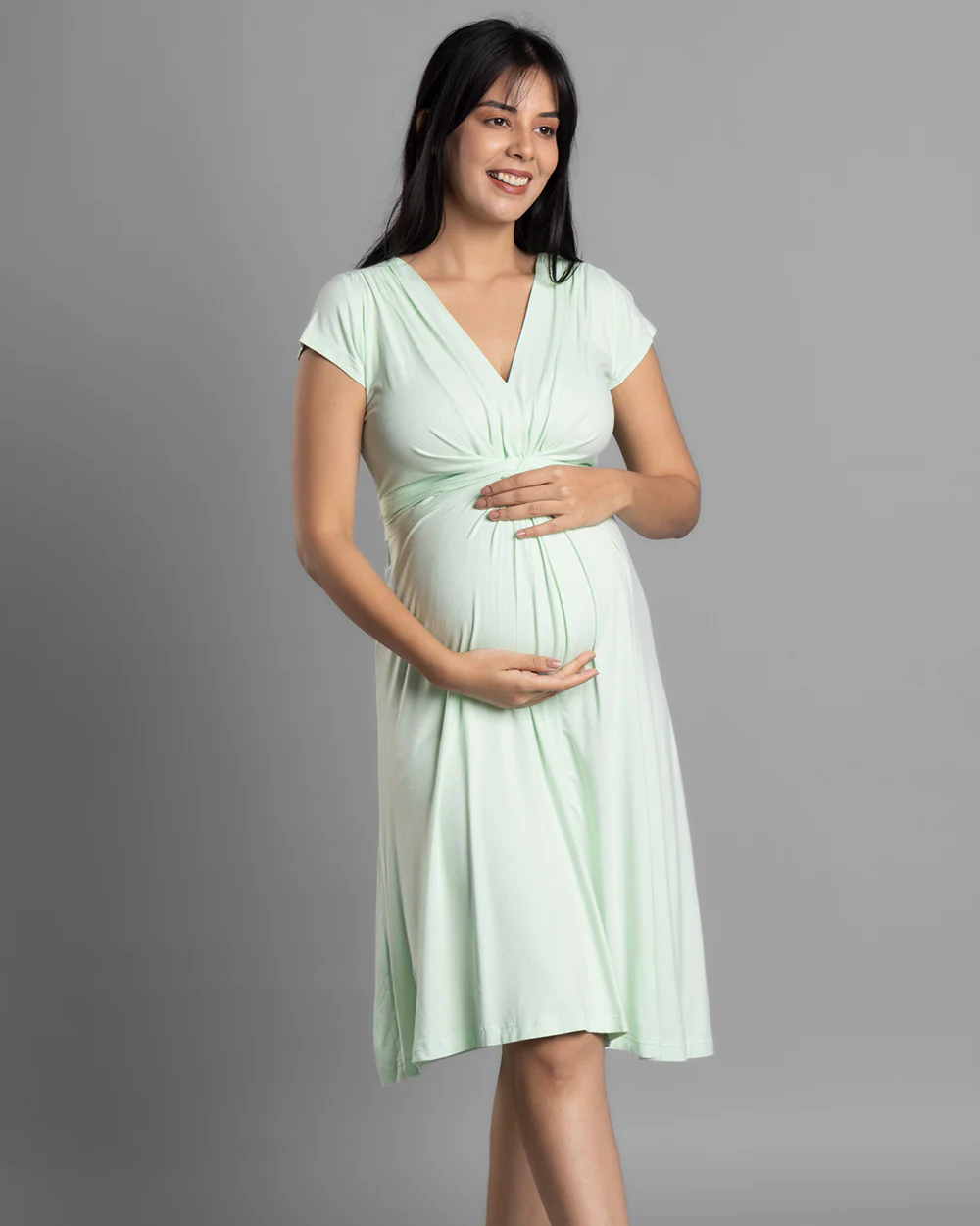 Block Hop Lime Maternity Knot Dress-Solid Color-Organic Bamboo Cotton-V Neck-Half Sleeves-Bump Friendly