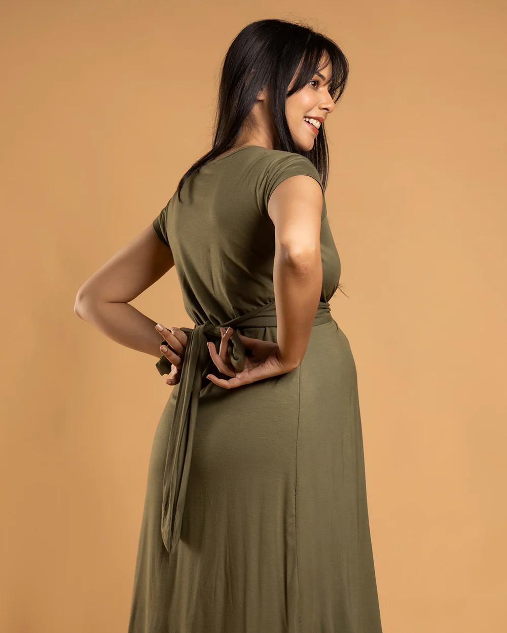 Block Hop Olive Maternity Knot Dress-Solid Color-Organic Bamboo Cotton-V Neck-Half Sleeves-Bump Friendly - Image 4