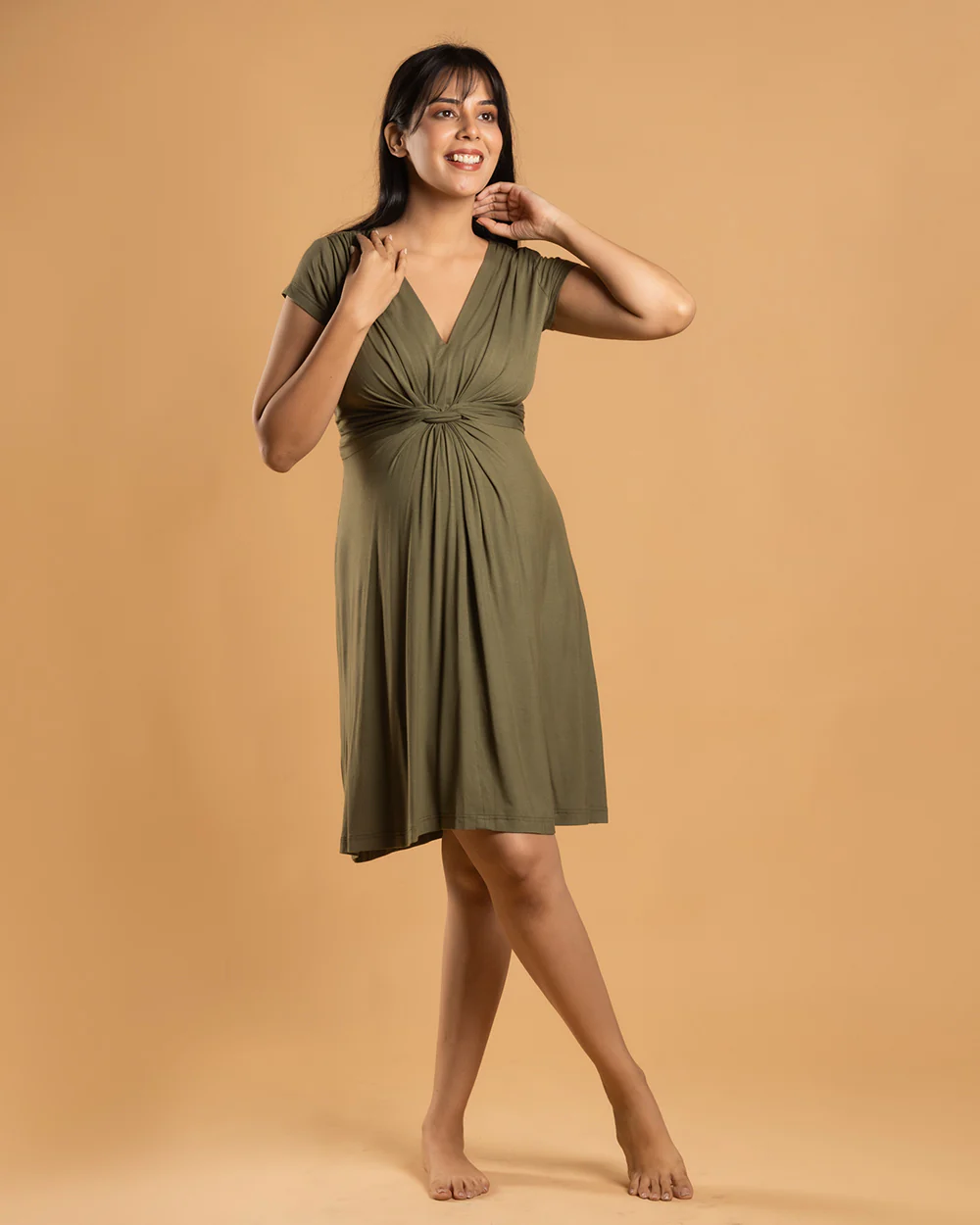 Block Hop Olive Maternity Knot Dress-Solid Color-Organic Bamboo Cotton-V Neck-Half Sleeves-Bump Friendly - Image 5