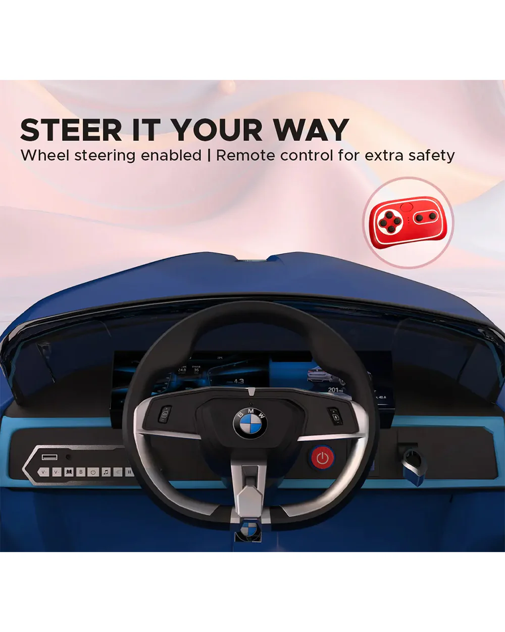 BMW i4 Ride On Car-Battery Operated-With Manual or Remote Option to Steer-Tough Tires with Rear Suspension-Integrated Music-Emotorad-For 3Y+ (Upto 30 kg)-Blue - Image 4
