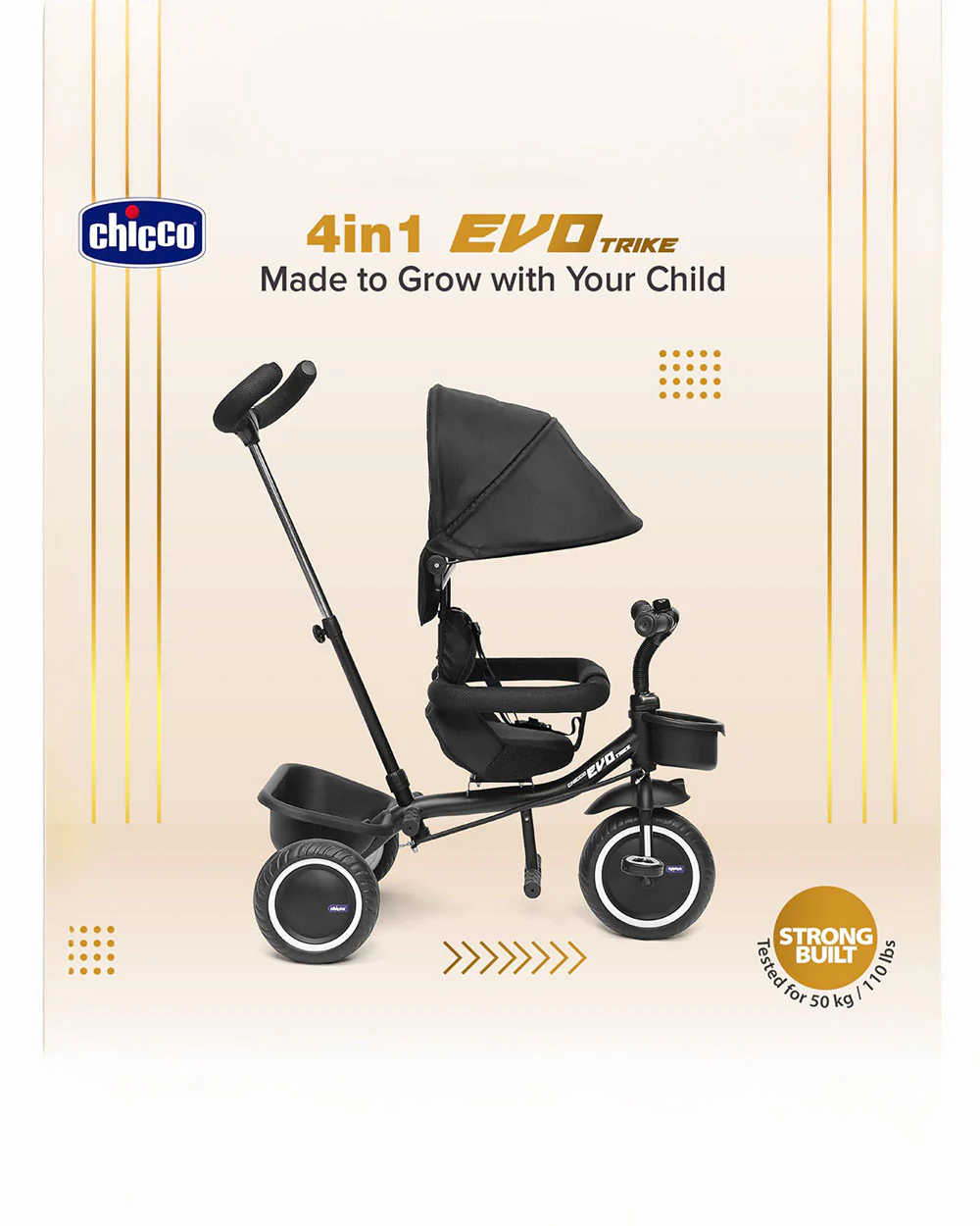 Chicco 4in1 EVO Trike-Height Adjustable Parent Handle Bar-360 Degrees Rotating Seat-Rear & Front Storage Basket-For 2 to 5Y (Upto 50 Kg)-Black - Image 3