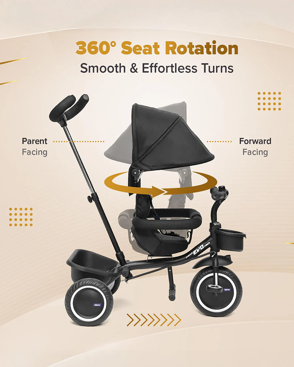 Chicco 4in1 EVO Trike-Height Adjustable Parent Handle Bar-360 Degrees Rotating Seat-Rear & Front Storage Basket-For 2 to 5Y (Upto 50 Kg)-Black - Image 5