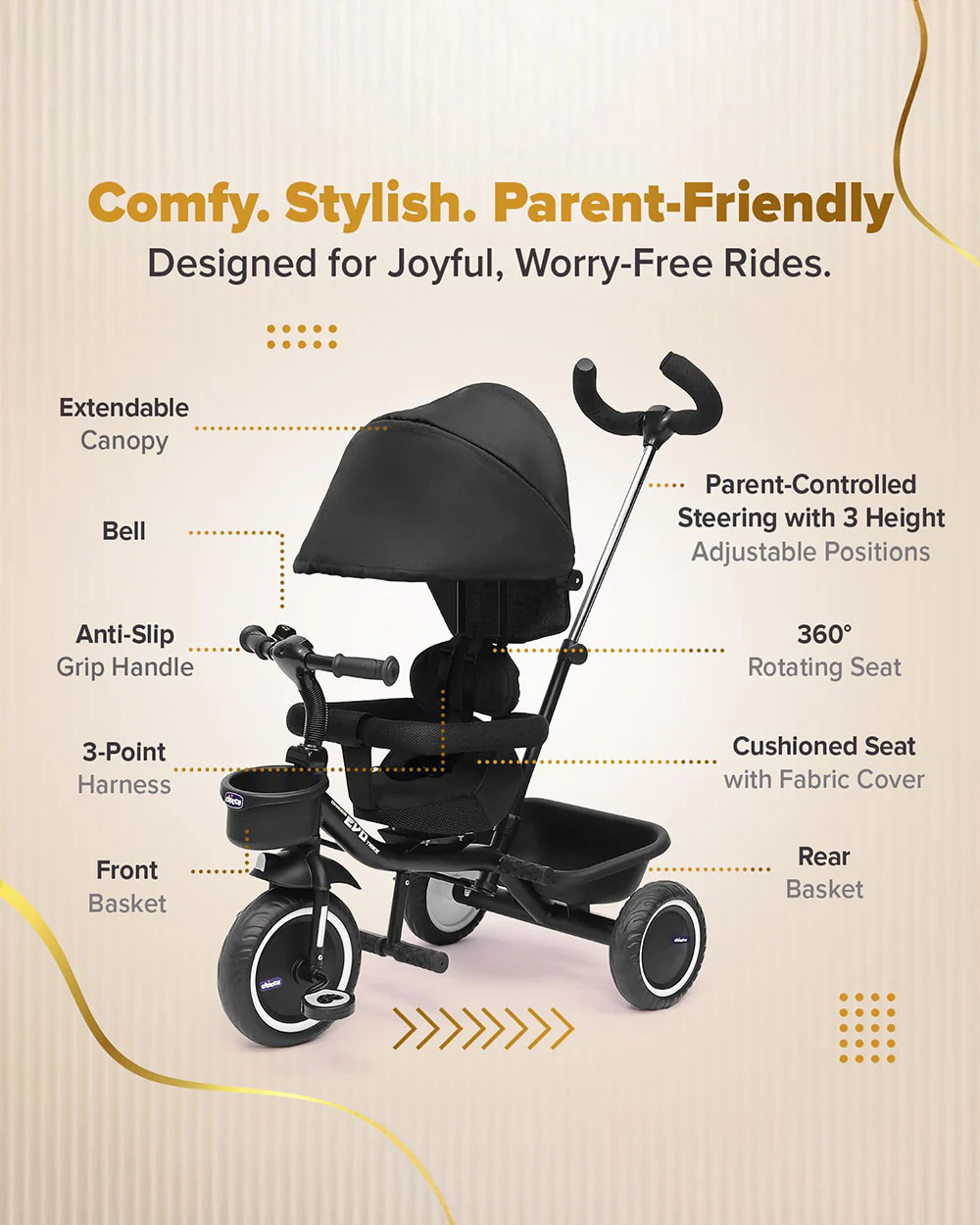 Chicco 4in1 EVO Trike-Height Adjustable Parent Handle Bar-360 Degrees Rotating Seat-Rear & Front Storage Basket-For 2 to 5Y (Upto 50 Kg)-Black - Image 6