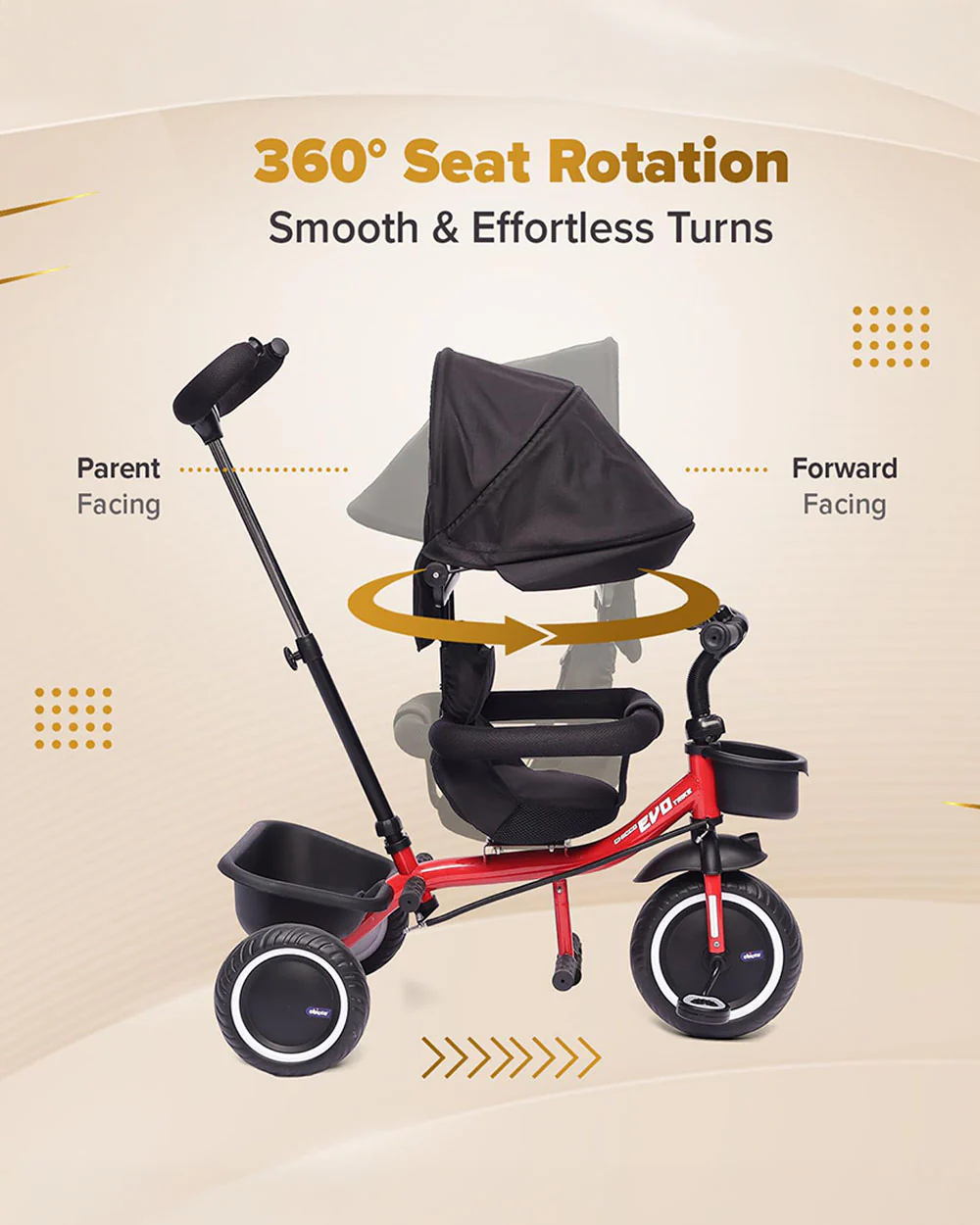 Chicco 4in1 EVO Trike-Height Adjustable Parent Handle Bar-360 Degrees Rotating Seat-Rear & Front Storage Basket-For 2 to 5Y (Upto 50 Kg)-Red - Image 5
