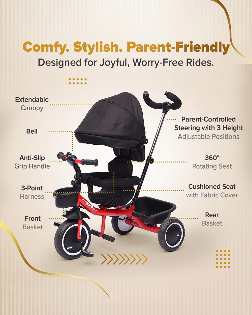 Chicco 4in1 EVO Trike-Height Adjustable Parent Handle Bar-360 Degrees Rotating Seat-Rear & Front Storage Basket-For 2 to 5Y (Upto 50 Kg)-Red - Image 6