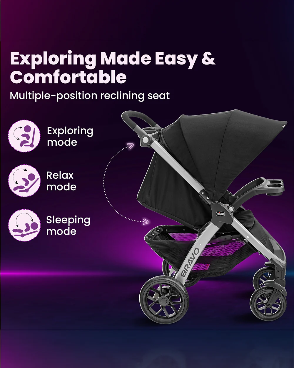 Chicco Bravo Quick Fold Baby Stroller-3 Positions Adjustable Parent Handle Bar-One Hand Fold-With Parent & Child Tray-6 Months Warranty-Pram for 0 to 4Y (Upto 22 Kg)-Black - Image 10