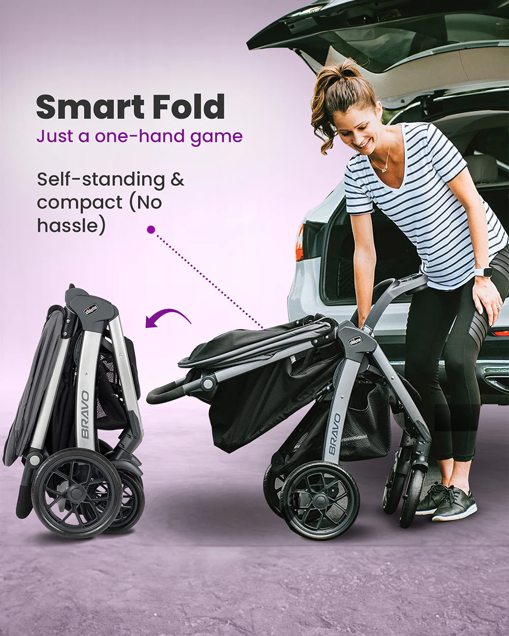 Chicco Bravo Quick Fold Baby Stroller-3 Positions Adjustable Parent Handle Bar-One Hand Fold-With Parent & Child Tray-6 Months Warranty-Pram for 0 to 4Y (Upto 22 Kg)-Black - Image 12