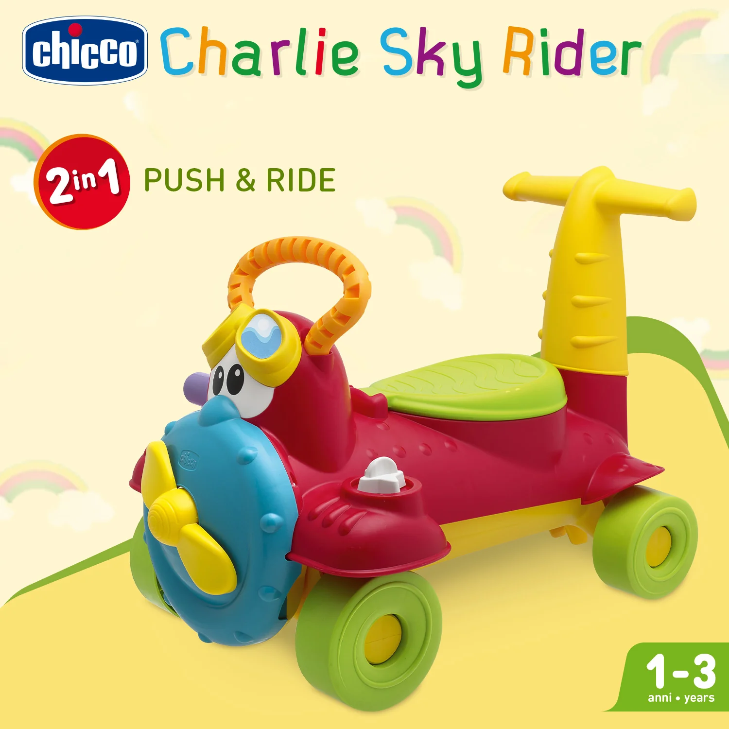 Chicco Charlie Sky Rider 2 in 1 Ride On-Push & Walk Support-Converts Easily Into Ride On Mode-Helps Build Balance-For 1 to 3Y (Upto 20 Kg) - Image 2