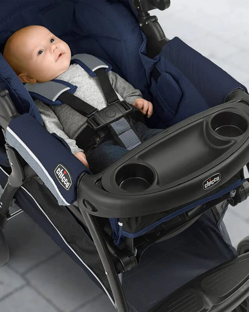 Chicco Cortina CX Baby Stroller-8 Positions Reclining Seat-3 Positions Adjustable Parent Handle Bar-One Hand Fold-With Parent & Child Tray-6 Months Warranty-Pram for 0 to 4Y (Upto 22 Kg)-Baltic - Image 11