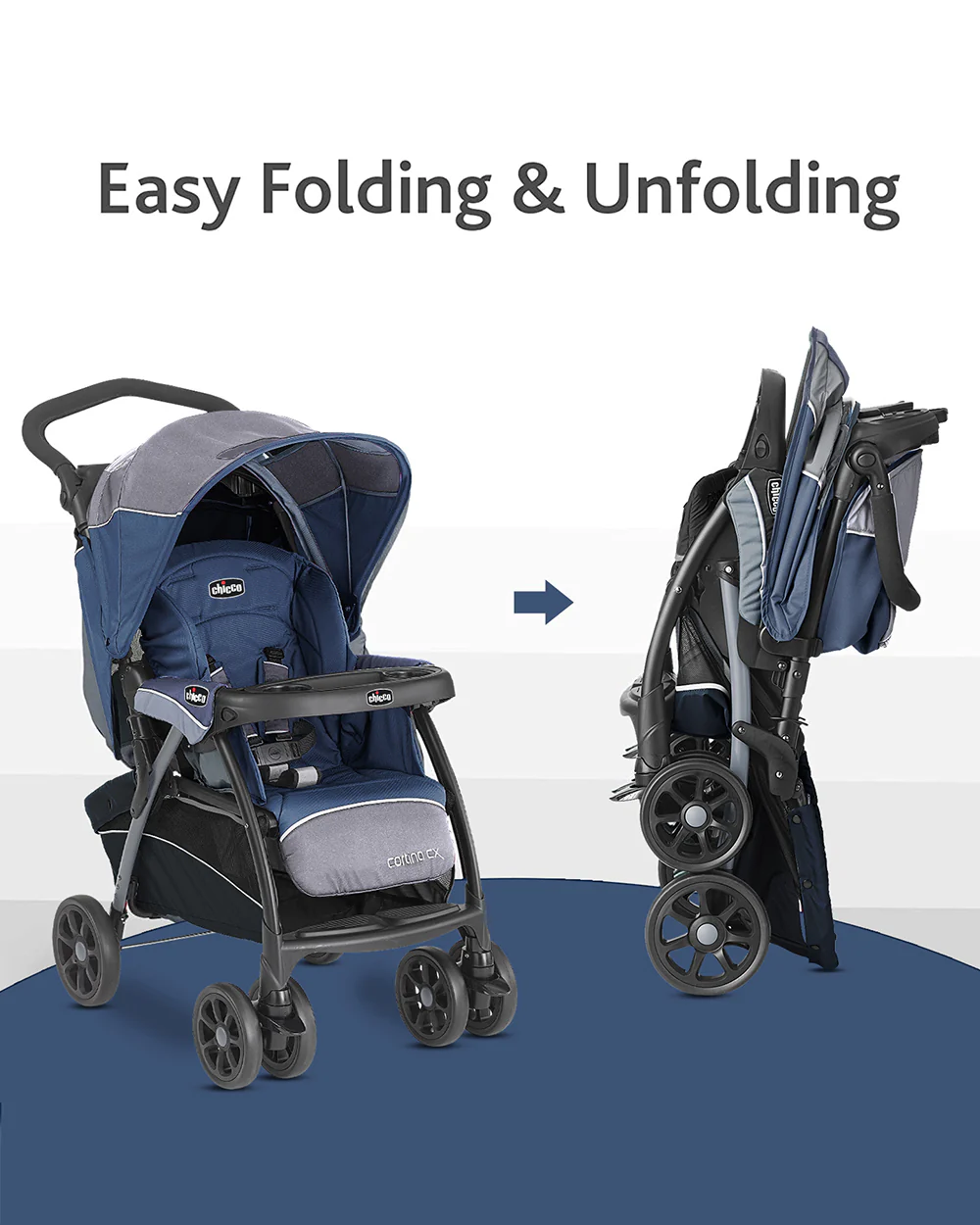 Chicco Cortina CX Baby Stroller-8 Positions Reclining Seat-3 Positions Adjustable Parent Handle Bar-One Hand Fold-With Parent & Child Tray-6 Months Warranty-Pram for 0 to 4Y (Upto 22 Kg)-Baltic - Image 6