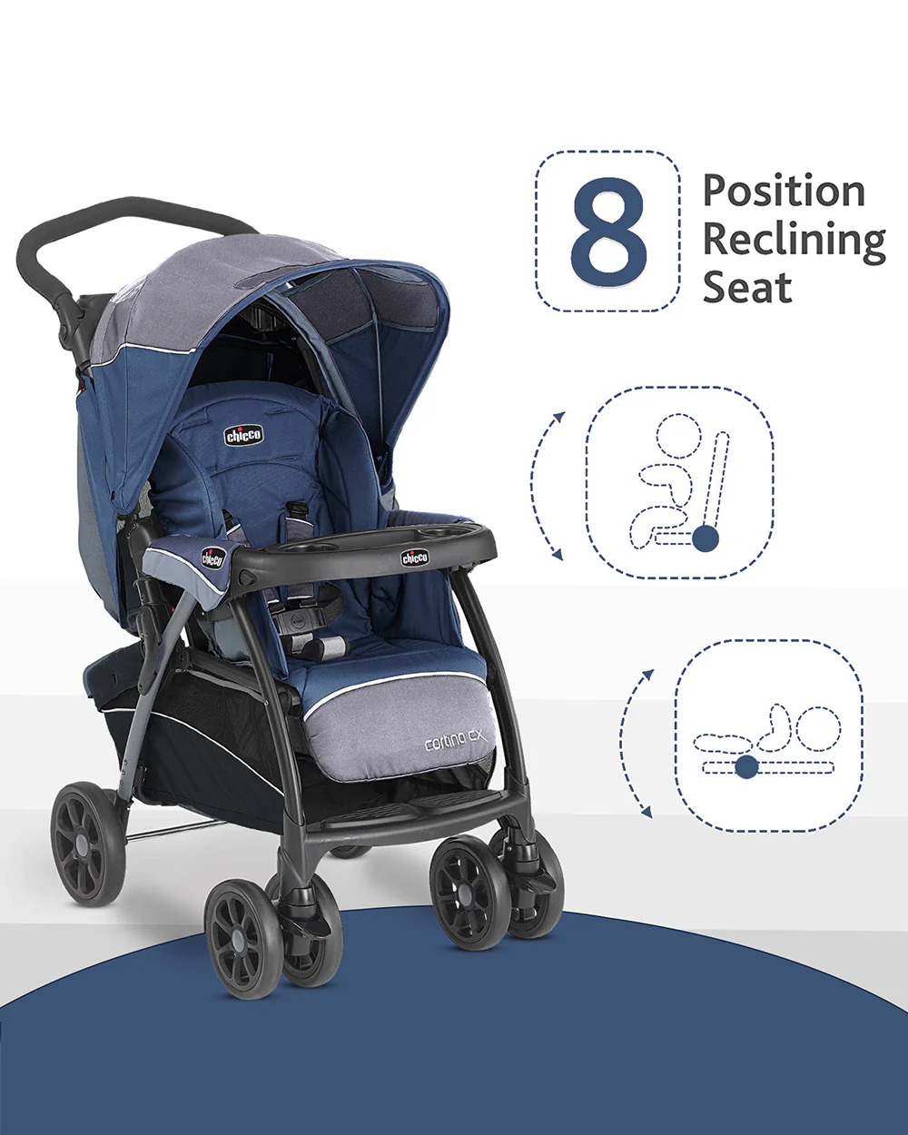 Chicco Cortina CX Baby Stroller-8 Positions Reclining Seat-3 Positions Adjustable Parent Handle Bar-One Hand Fold-With Parent & Child Tray-6 Months Warranty-Pram for 0 to 4Y (Upto 22 Kg)-Baltic - Image 7