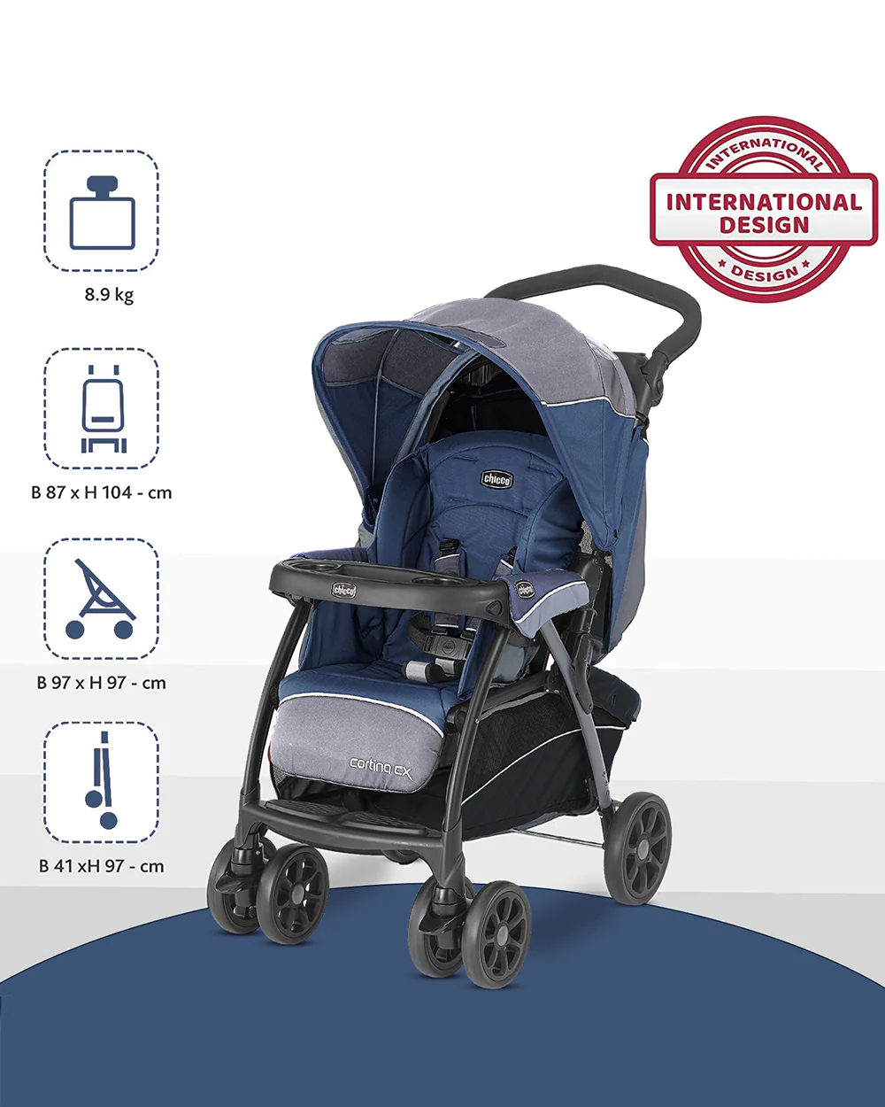Chicco Cortina CX Baby Stroller-8 Positions Reclining Seat-3 Positions Adjustable Parent Handle Bar-One Hand Fold-With Parent & Child Tray-6 Months Warranty-Pram for 0 to 4Y (Upto 22 Kg)-Baltic - Image 8