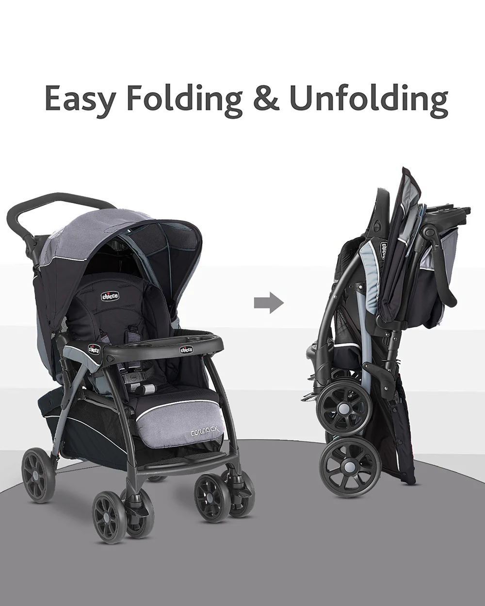 Chicco Cortina CX Baby Stroller-8 Positions Reclining Seat-3 Positions Adjustable Parent Handle Bar-One Hand Fold-With Parent & Child Tray-6 Months Warranty-Pram for 0 to 4Y (Upto 22 Kg)-Jet Black - Image 6
