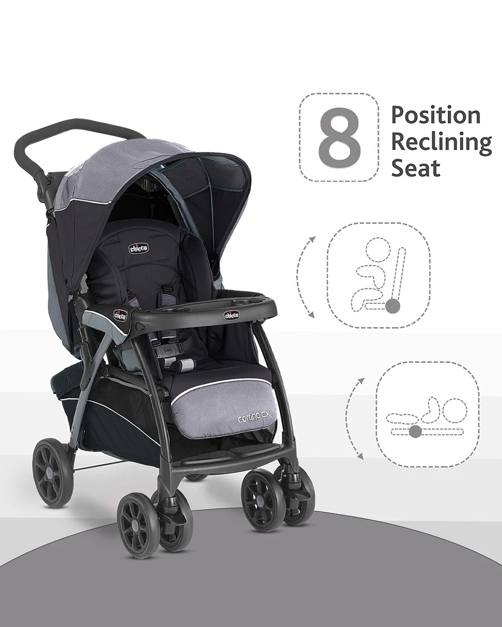 Chicco Cortina CX Baby Stroller-8 Positions Reclining Seat-3 Positions Adjustable Parent Handle Bar-One Hand Fold-With Parent & Child Tray-6 Months Warranty-Pram for 0 to 4Y (Upto 22 Kg)-Jet Black - Image 7