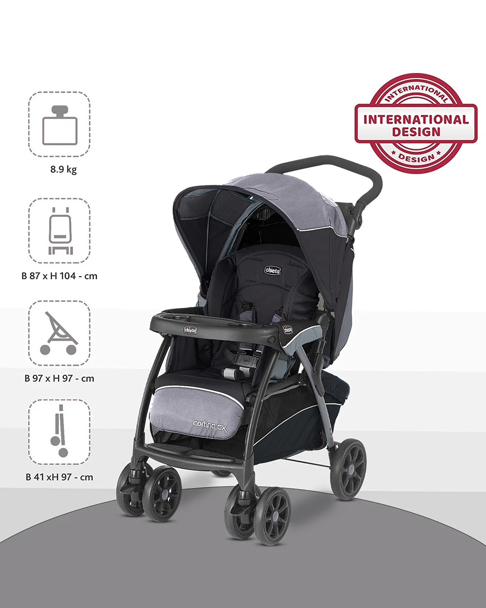 Chicco Cortina CX Baby Stroller-8 Positions Reclining Seat-3 Positions Adjustable Parent Handle Bar-One Hand Fold-With Parent & Child Tray-6 Months Warranty-Pram for 0 to 4Y (Upto 22 Kg)-Jet Black - Image 8