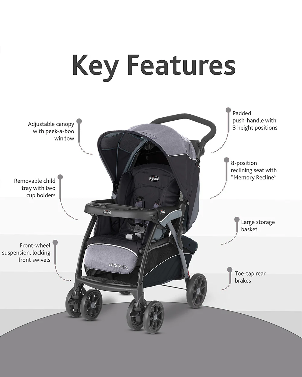 Chicco Cortina CX Baby Stroller-8 Positions Reclining Seat-3 Positions Adjustable Parent Handle Bar-One Hand Fold-With Parent & Child Tray-6 Months Warranty-Pram for 0 to 4Y (Upto 22 Kg)-Jet Black - Image 9