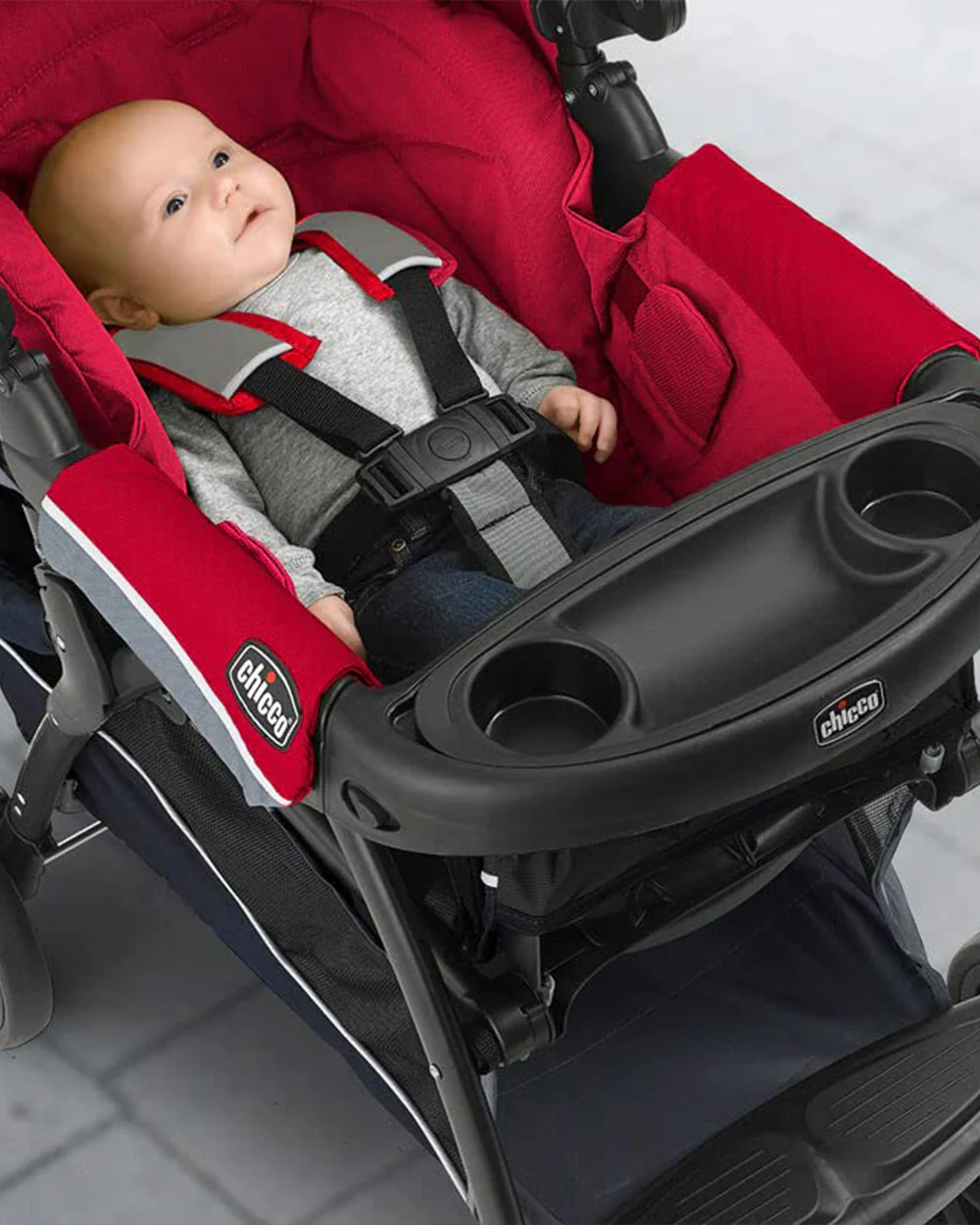 Chicco Cortina CX Baby Stroller-8 Positions Reclining Seat-3 Positions Adjustable Parent Handle Bar-One Hand Fold-With Parent & Child Tray-6 Months Warranty-Pram for 0 to 4Y (Upto 22 Kg)-Red - Image 11