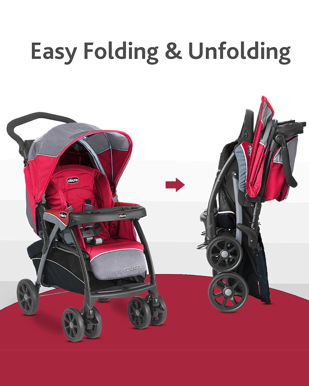 Chicco Cortina CX Baby Stroller-8 Positions Reclining Seat-3 Positions Adjustable Parent Handle Bar-One Hand Fold-With Parent & Child Tray-6 Months Warranty-Pram for 0 to 4Y (Upto 22 Kg)-Red - Image 6