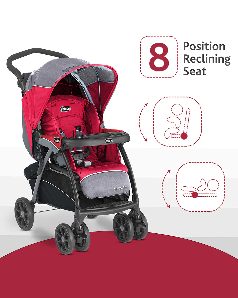 Chicco Cortina CX Baby Stroller-8 Positions Reclining Seat-3 Positions Adjustable Parent Handle Bar-One Hand Fold-With Parent & Child Tray-6 Months Warranty-Pram for 0 to 4Y (Upto 22 Kg)-Red - Image 7