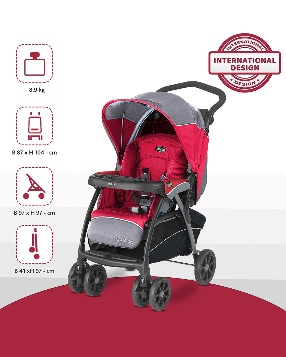 Chicco Cortina CX Baby Stroller-8 Positions Reclining Seat-3 Positions Adjustable Parent Handle Bar-One Hand Fold-With Parent & Child Tray-6 Months Warranty-Pram for 0 to 4Y (Upto 22 Kg)-Red - Image 8