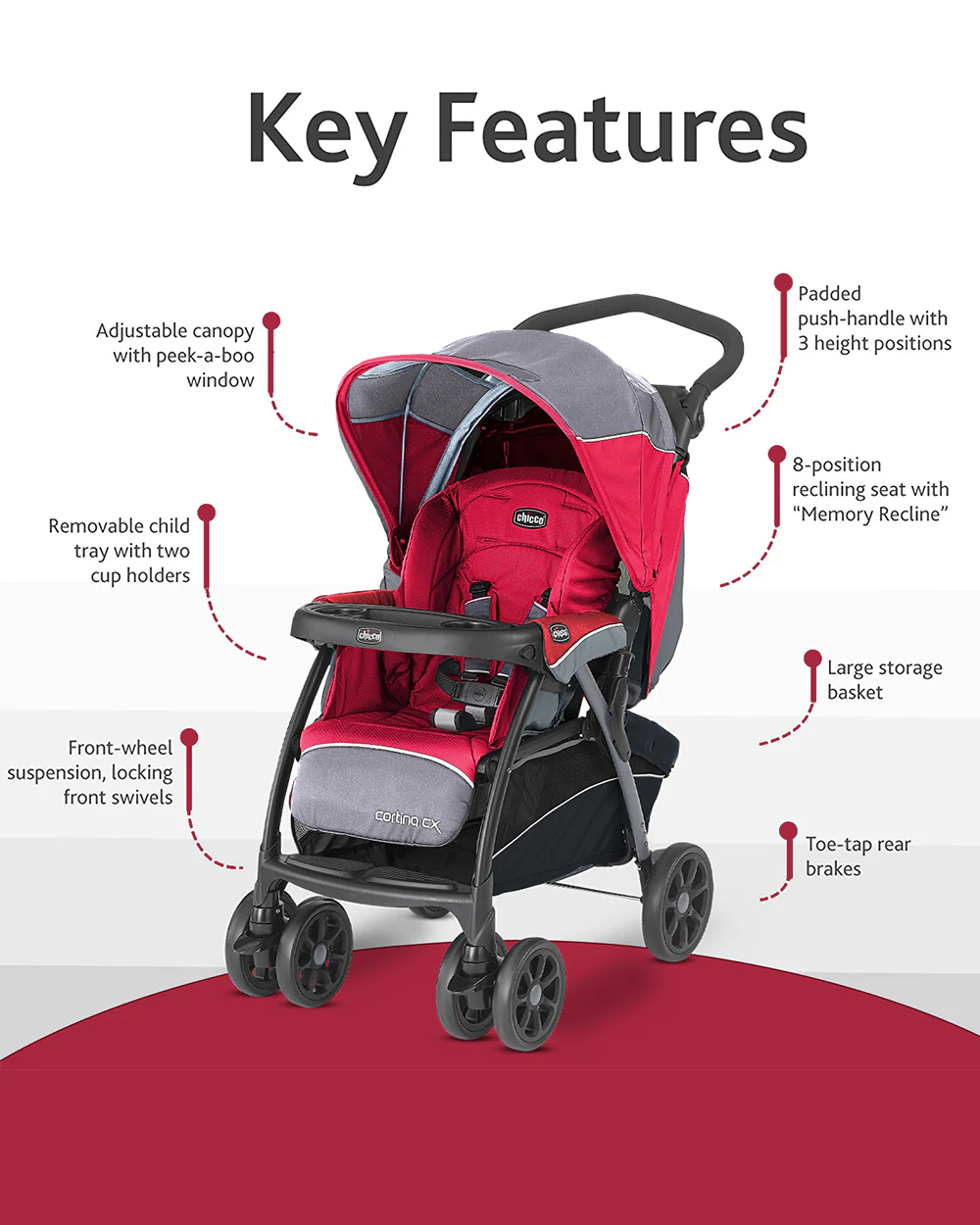 Chicco Cortina CX Baby Stroller-8 Positions Reclining Seat-3 Positions Adjustable Parent Handle Bar-One Hand Fold-With Parent & Child Tray-6 Months Warranty-Pram for 0 to 4Y (Upto 22 Kg)-Red - Image 9