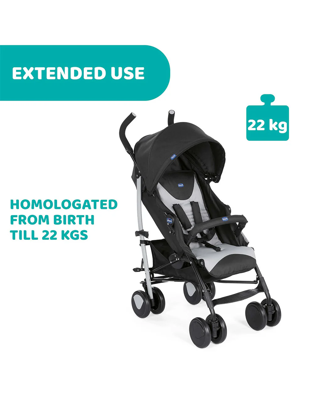 Chicco Echo Baby Stroller-Soft Padded Bumper Bar-Compact Umbrella Fold-For 0M+ (Upto 22Kg)-Stone Black - Image 6